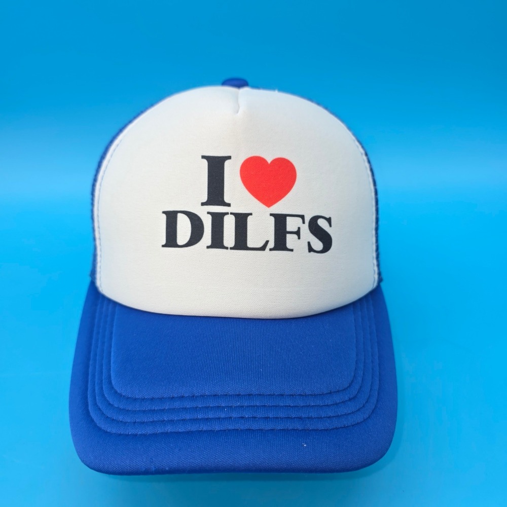 I Heart DILFS Trucker Hat Blue White Y2K Funny Graphic Snapback Cap